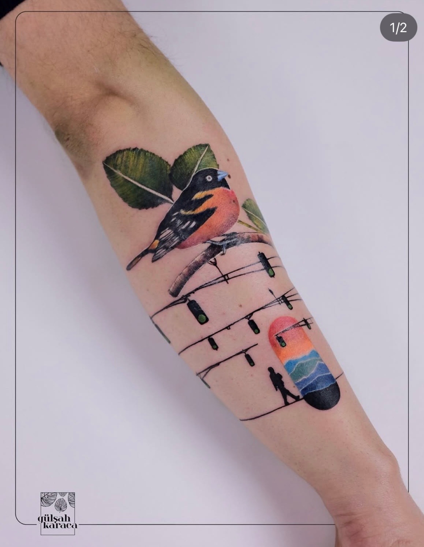 A tattoo capturing a realistic sparrow breed standing on the ropes on which the traffic lights are hung